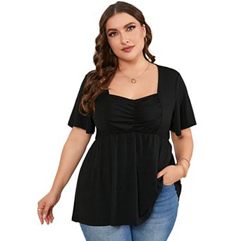 Plus Size Top for Women Short Sleeve Ruched Front Casual Babydoll Shirt