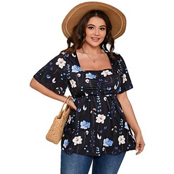 Plus Size Top for Women Short Sleeve Ruched Front Casual Babydoll Shirt