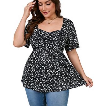 Plus Size Top for Women Short Sleeve Ruched Front Casual Babydoll Shirt