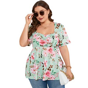 Plus Size Top for Women Short Sleeve Ruched Front Casual Babydoll Shirt