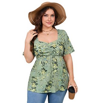 Plus Size Top for Women Short Sleeve Ruched Front Casual Babydoll Shirt