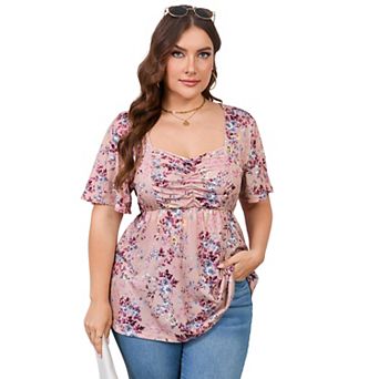 Plus Size Top for Women Short Sleeve Ruched Front Casual Babydoll Shirt