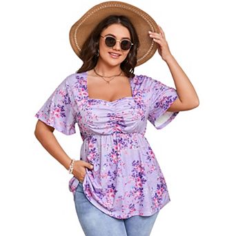 Plus Size Top for Women Short Sleeve Ruched Front Casual Babydoll Shirt