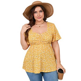 Plus Size Top for Women Short Sleeve Ruched Front Casual Babydoll Shirt