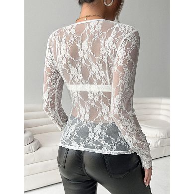 Women Mesh Long Sleeve Top Crew Neck See Through Lace Shirt