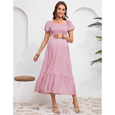 Women's Maternity Dress Floral Short Sleeve Square Neck Flowy Sundress