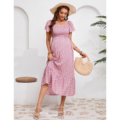 Women's Maternity Dress Floral Short Sleeve Square Neck Flowy Sundress