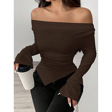 Women Deep V Neck Long Sleeve Shirt Slim Fit Top
