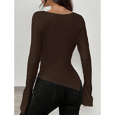 Women Deep V Neck Long Sleeve Shirt Slim Fit Top