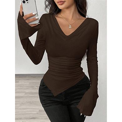 Women Deep V Neck Long Sleeve Shirt Slim Fit Top
