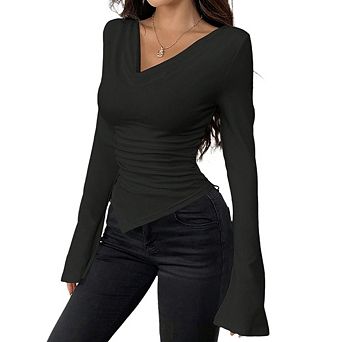 Women Deep V Neck Long Sleeve Shirt Slim Fit Top