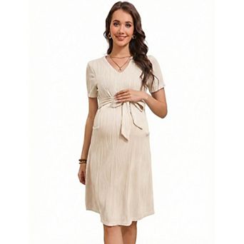 Women Maternity Dress Casual Tie Waist Short Sleeve Sundress