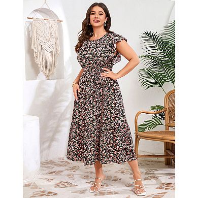 Women Plus Size Floral Round Neck Dress with Ruffle Sleeve