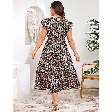 Women Plus Size Floral Round Neck Dress with Ruffle Sleeve