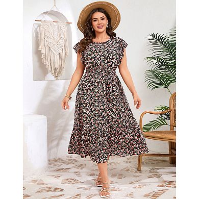 Women Plus Size Floral Round Neck Dress with Ruffle Sleeve
