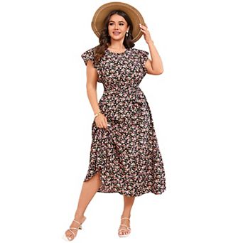 Women Plus Size Floral Round Neck Dress with Ruffle Sleeve