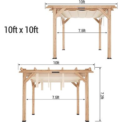 10x10 Ft Cedar Wood Pergola with Retractable Oxford Fabric Roof