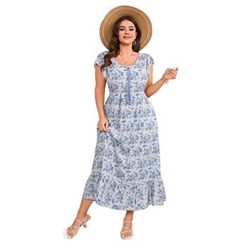 Women Plus Size Elegant Dress Floral V Neck Short Sleeve Wedding Guest Dress