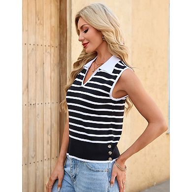 Women Striped V Neck Knit Vest Stretch Collared Casual Sleeveless Top