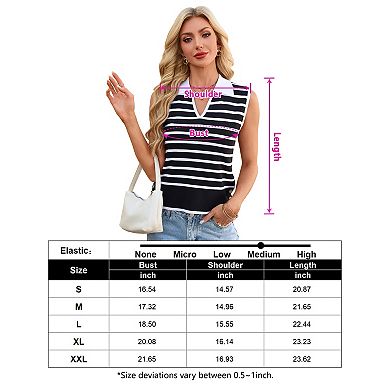 Women Striped V Neck Knit Vest Stretch Collared Casual Sleeveless Top