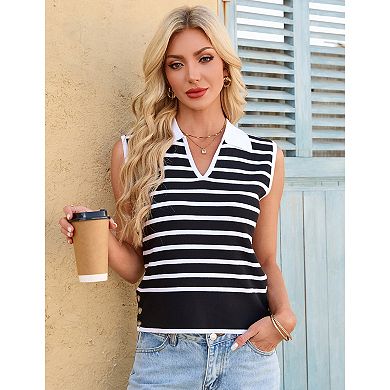 Women Striped V Neck Knit Vest Stretch Collared Casual Sleeveless Top