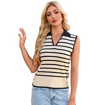 Women Striped V Neck Knit Vest Stretch Collared Casual Sleeveless Top