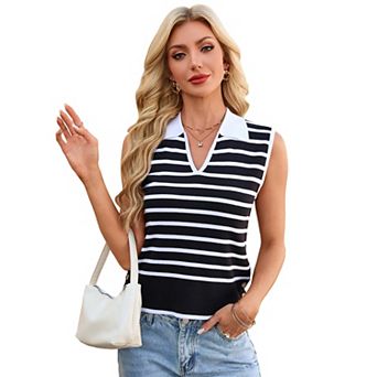 Women Striped V Neck Knit Vest Stretch Collared Casual Sleeveless Top