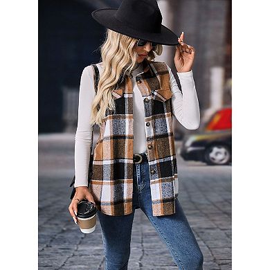 Women's Plaid Vest Brushed Sleeveless Shacket Shirt Jacket with Pockets