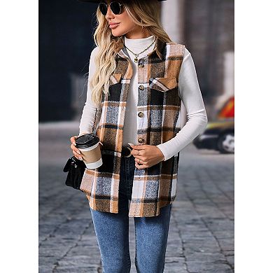 Women's Plaid Vest Brushed Sleeveless Shacket Shirt Jacket with Pockets