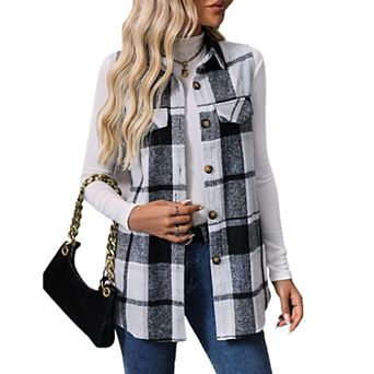 Women's Plaid Vest Brushed Sleeveless Shacket Shirt Jacket with Pockets
