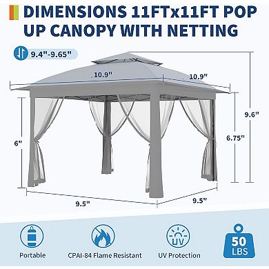 11x11 FT Pop Up Instant Gazebo Tent for Backyard, Pop Up Gazebo With Mosquito Netting