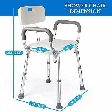 Shower Chair Seat with Back and Padded Arms,Adjustable Height,Slip Resistant Chair for Inside Shower