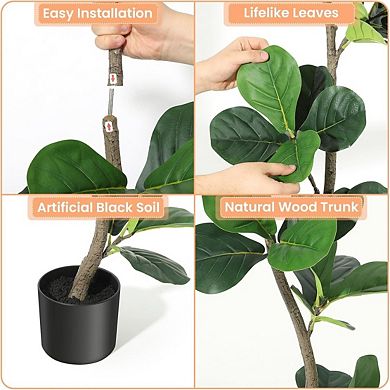 Artificial Fiddle Leaf Fig Tree - Faux Indoor Outdoor Fake Plant with Black Nursery Planter