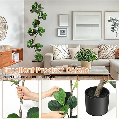 Artificial Fiddle Leaf Fig Tree - Faux Indoor Outdoor Fake Plant with Black Nursery Planter