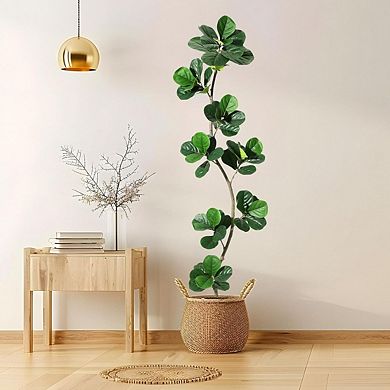 Artificial Fiddle Leaf Fig Tree - Faux Indoor Outdoor Fake Plant with Black Nursery Planter