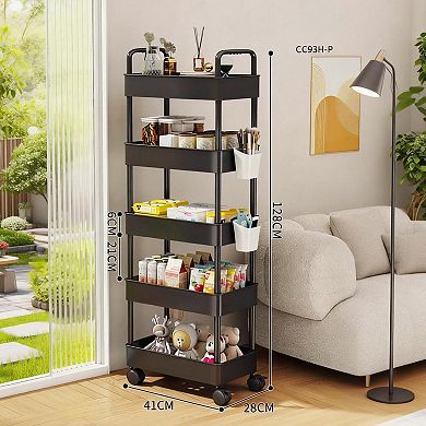 5-Tier Rolling Storage Trolley Cart with Handle,Utility Organizer Rack,Space-Saving Mobile Shelving