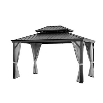 Permanent Aluminum Hardtop Gazebo with Double Metal Roof Mosquito Netting & Privacy Curtains