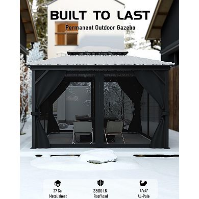 Permanent Aluminum Hardtop Gazebo with Double Metal Roof Mosquito Netting & Privacy Curtains
