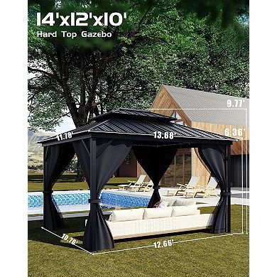 Permanent Aluminum Hardtop Gazebo with Double Metal Roof Mosquito Netting & Privacy Curtains
