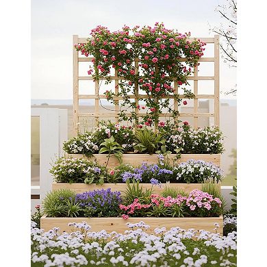 3-Tier Raised Garden Bed with Trellis, Wooden Vertical Planters Bed with Open-Ended Base