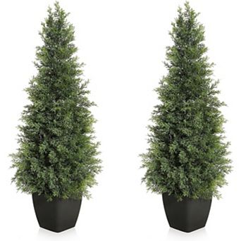 Artificial Trees for Porch, Set of 2 Potted Cedar Topiary Trees Faux Cypress Evergreen Plants