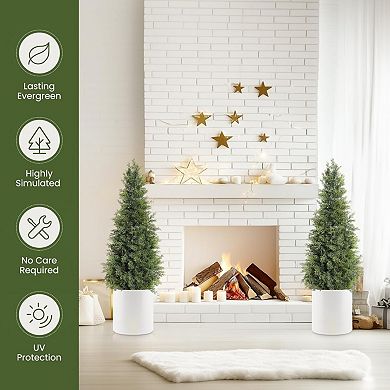 Artificial Trees for Porch, Set of 2 Potted Cedar Topiary Trees Faux Cypress Evergreen Plants
