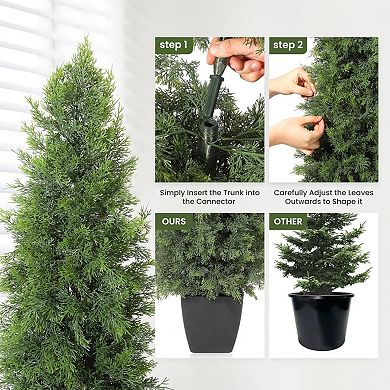 Artificial Trees for Porch, Set of 2 Potted Cedar Topiary Trees Faux Cypress Evergreen Plants