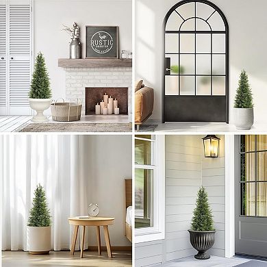Artificial Trees for Porch, Set of 2 Potted Cedar Topiary Trees Faux Cypress Evergreen Plants