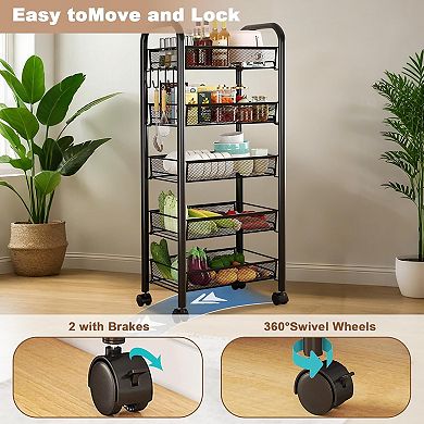 5 Tier Metal Mesh Storage Trolley, Kitchen Trolley with Wheels, Vegetable Trolley
