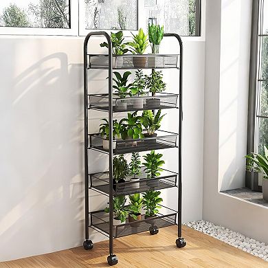 5 Tier Metal Mesh Storage Trolley, Kitchen Trolley with Wheels, Vegetable Trolley