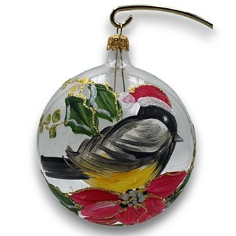 Discover Europe - Made in Italy Bird Poinsettia Decorated Glass Christmas Ornament