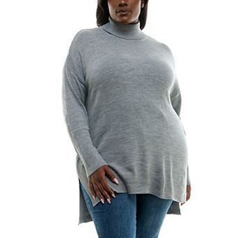Plus Size Nina Leonard Boxy Fit High-Low Turtleneck Sweater