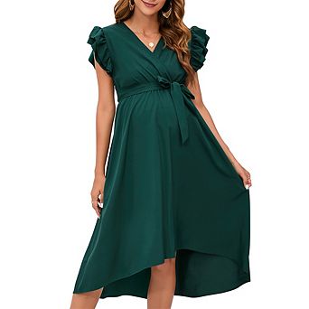 Women's V-Neck Maternity Wrap Dress Short Sleeve Hi Low Midi Casual Tie Dress
