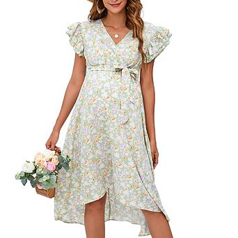Women's V-Neck Maternity Wrap Dress Short Sleeve Hi Low Midi Casual Tie Dress